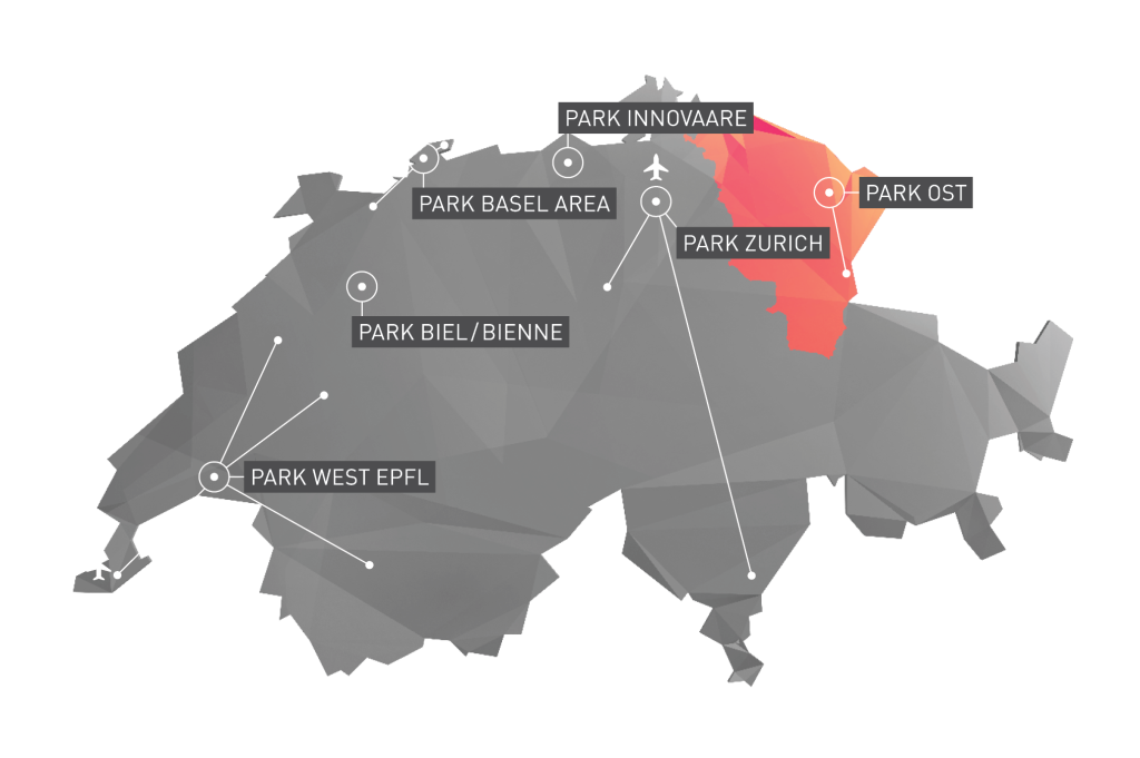 Karte der Schweiz, die zeigt wo der Innovationspark Ost tätig ist.